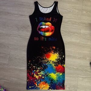 Black Rainbow Splash Tank Dress - Vibrant Lip Graphic Medium